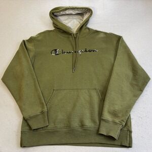 Champion Hoodie Mens Large Olive Green Excellent Camo Script Logo Sweatshirt